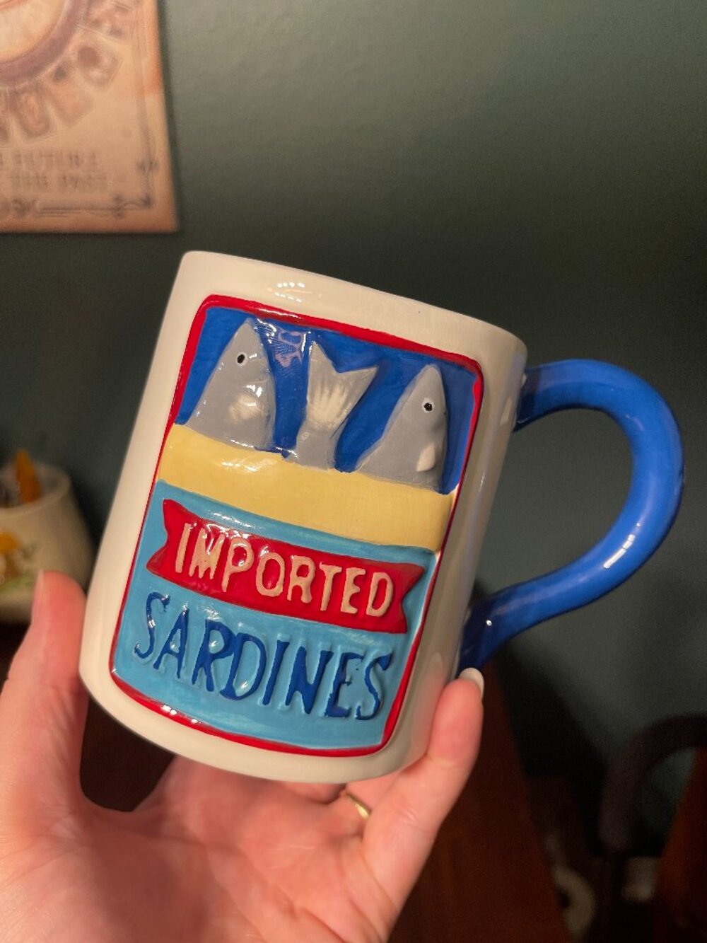 The Spring Shop Imported Sardines 18 oz Ceramic Coffee Mug Decorated Glossy